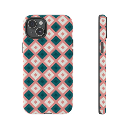 Geometric Diamond Pattern Tough Phone Case — Pink & Teal Protective Cover