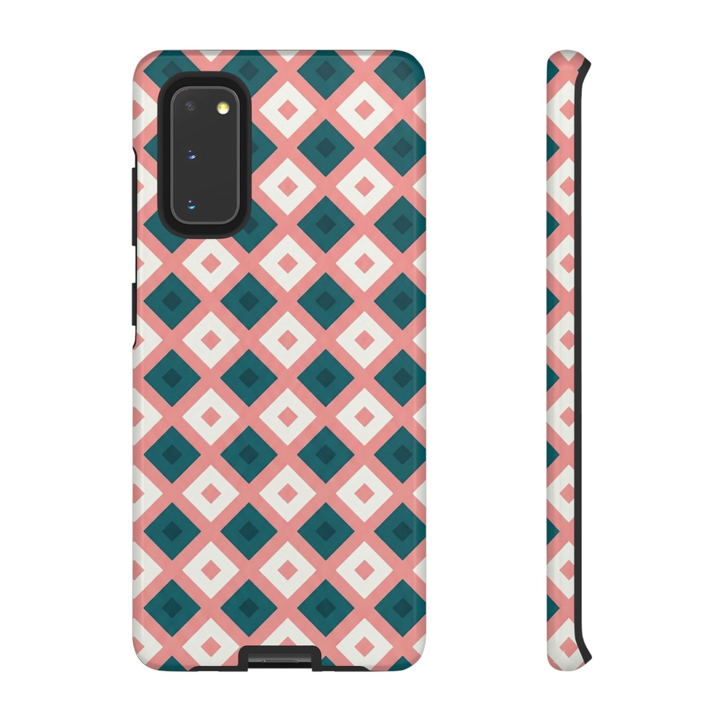 Geometric Diamond Pattern Tough Phone Case — Retro Pink & Teal Protective Cover