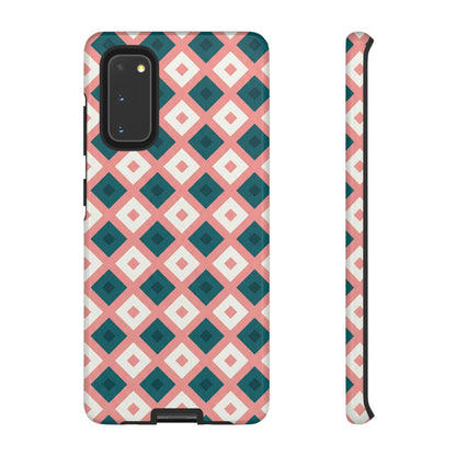 Geometric Diamond Pattern Tough Phone Case — Retro Pink & Teal Protective Cover