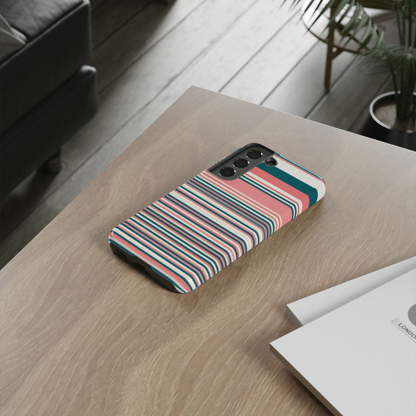 Striped Tough Phone Case — Coral, Teal & White Protective Cover