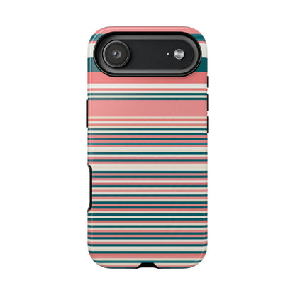 Striped Tough Phone Case — Coral, Teal & White Protective Cover