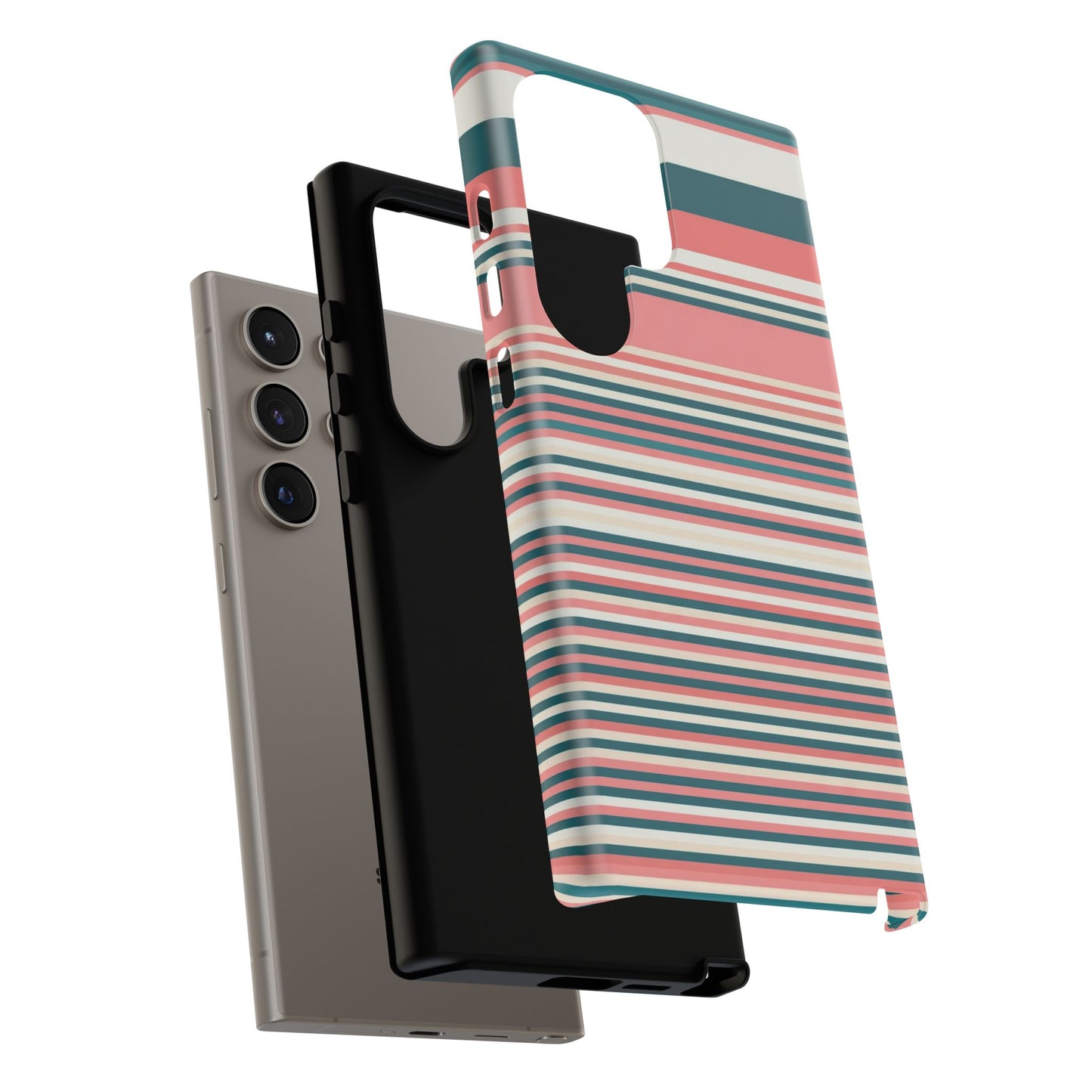 Striped Tough Phone Case — Coral, Teal & White Protective Cover