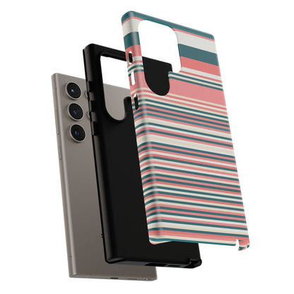 Striped Tough Phone Case — Coral, Teal & White Protective Cover