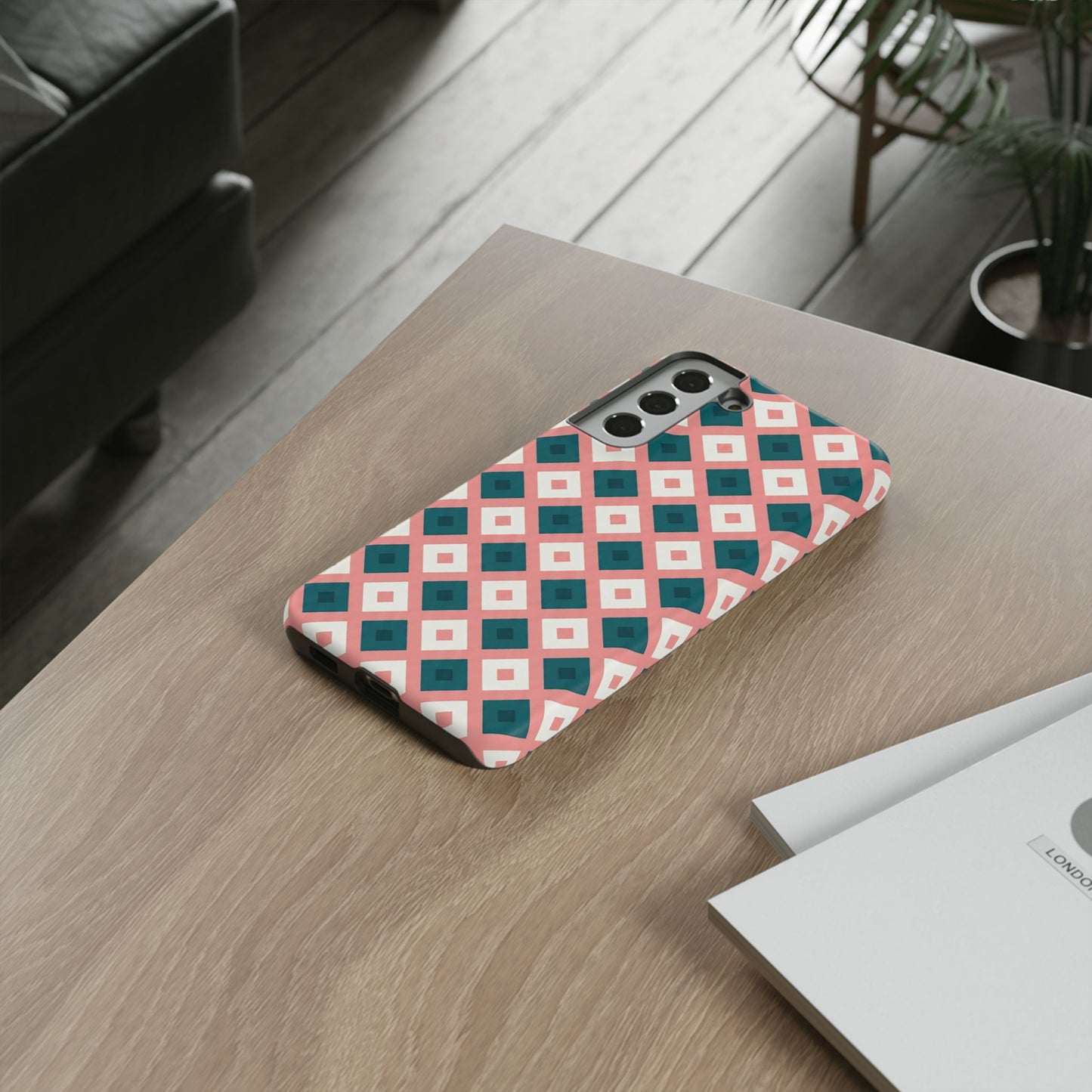 Geometric Diamond Pattern Tough Phone Case — Retro Pink & Teal Protective Cover