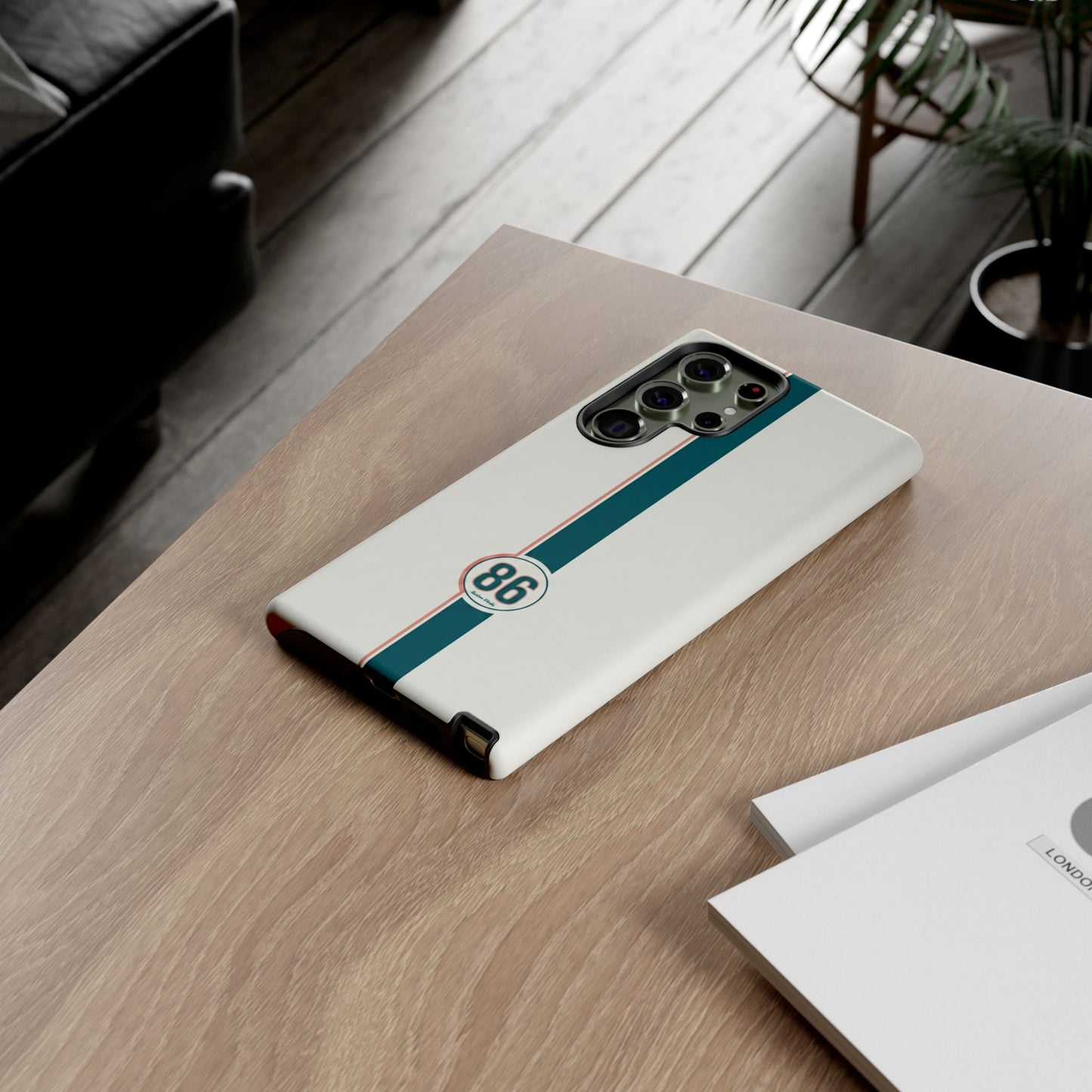 Racing Stripe Tough Phone Case — Retro White With '86 Circle Badge