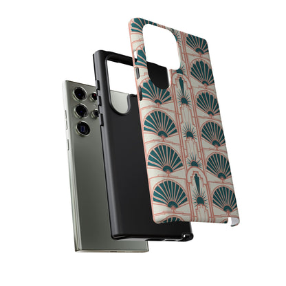 Art Deco Fan Pattern Tough Phone Case — Teal & Blush Retro Protection