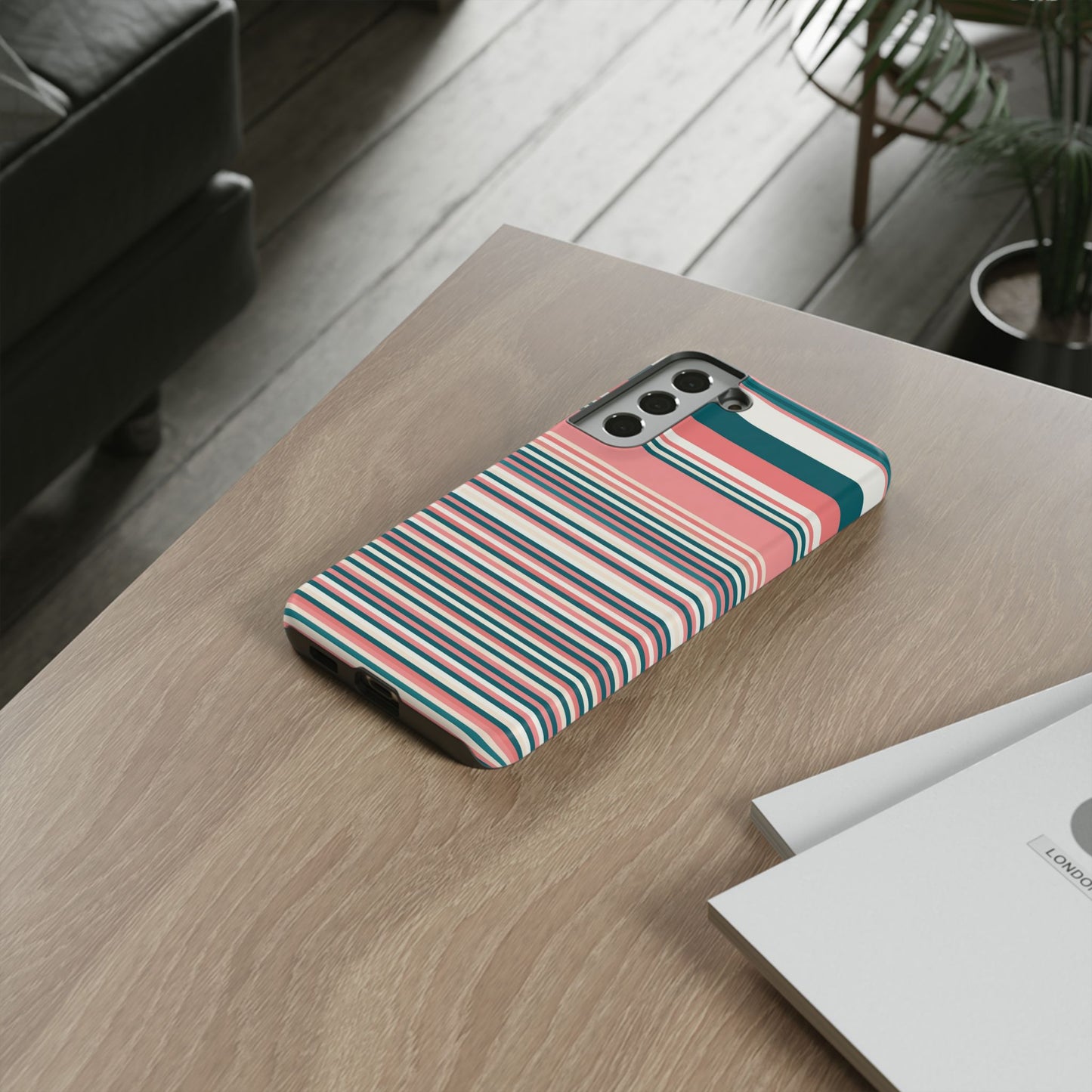 Striped Tough Phone Case — Coral, Teal & White Protective Cover