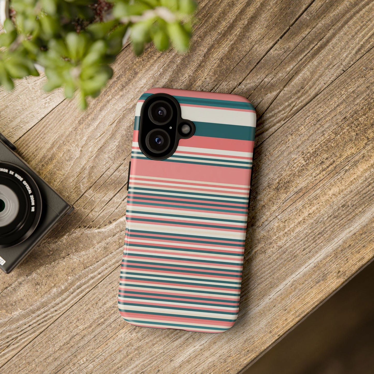 Striped Tough Phone Case — Coral, Teal & White Protective Cover