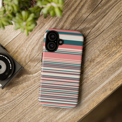 Striped Tough Phone Case — Coral, Teal & White Protective Cover