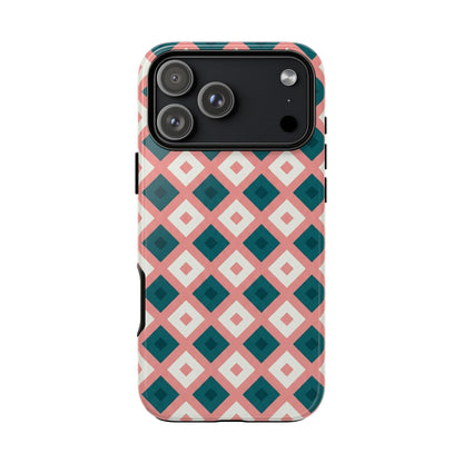 Geometric Diamond Pattern Tough Phone Case — Pink & Teal Protective Cover