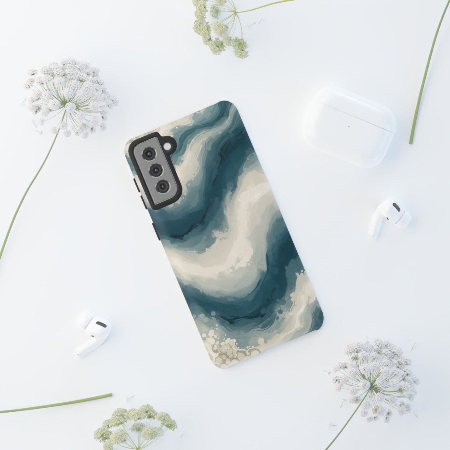 Ocean Wave Marble Phone Case — Teal & Ivory Abstract Tough Case