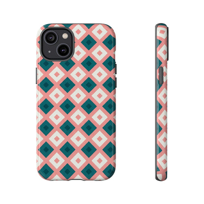 Geometric Diamond Pattern Tough Phone Case — Pink & Teal Protective Cover