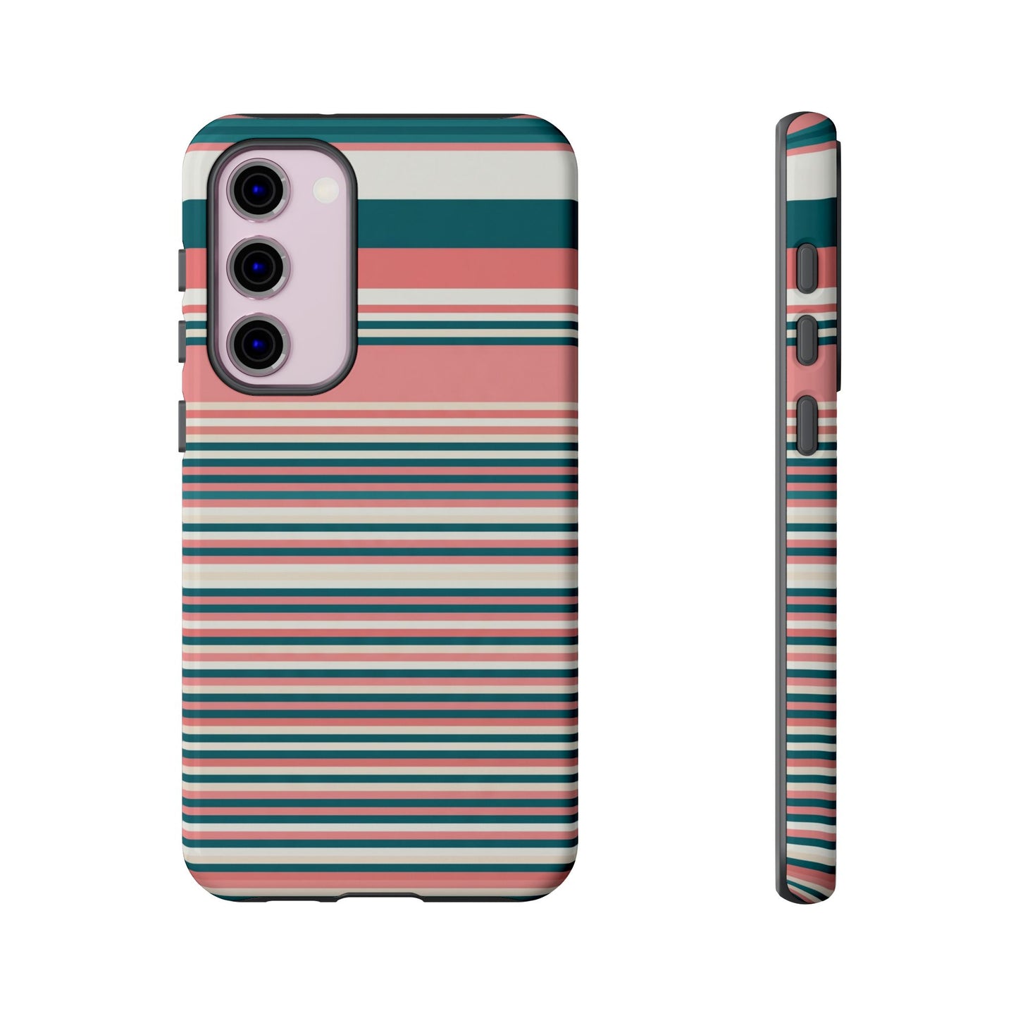 Striped Tough Phone Case — Coral, Teal & White Protective Cover