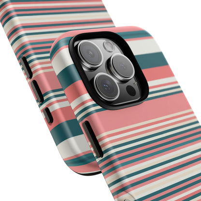Striped Tough Phone Case — Coral, Teal & White Protective Cover