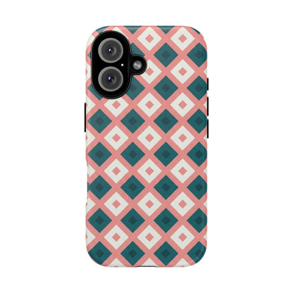 Geometric Diamond Pattern Tough Phone Case — Pink & Teal Protective Cover