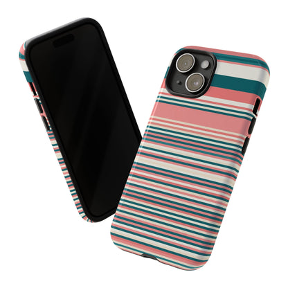 Striped Tough Phone Case — Coral, Teal & White Protective Cover