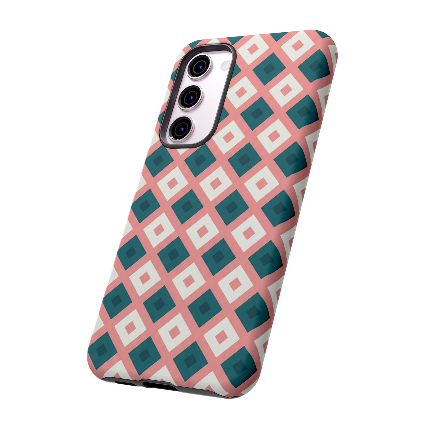 Geometric Diamond Pattern Tough Phone Case — Retro Pink & Teal Protective Cover