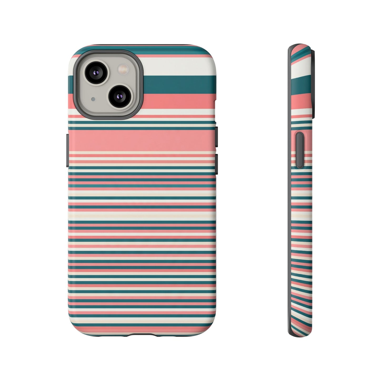 Striped Tough Phone Case — Coral, Teal & White Protective Cover