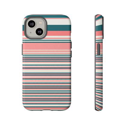 Striped Tough Phone Case — Coral, Teal & White Protective Cover
