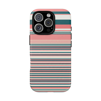 Striped Tough Phone Case — Coral, Teal & White Protective Cover
