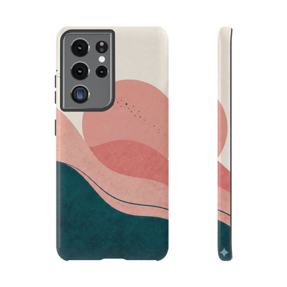 Abstract Sunset Waves Tough Phone Case — Pink & Teal Protective Cover