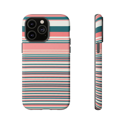 Striped Tough Phone Case — Coral, Teal & White Protective Cover