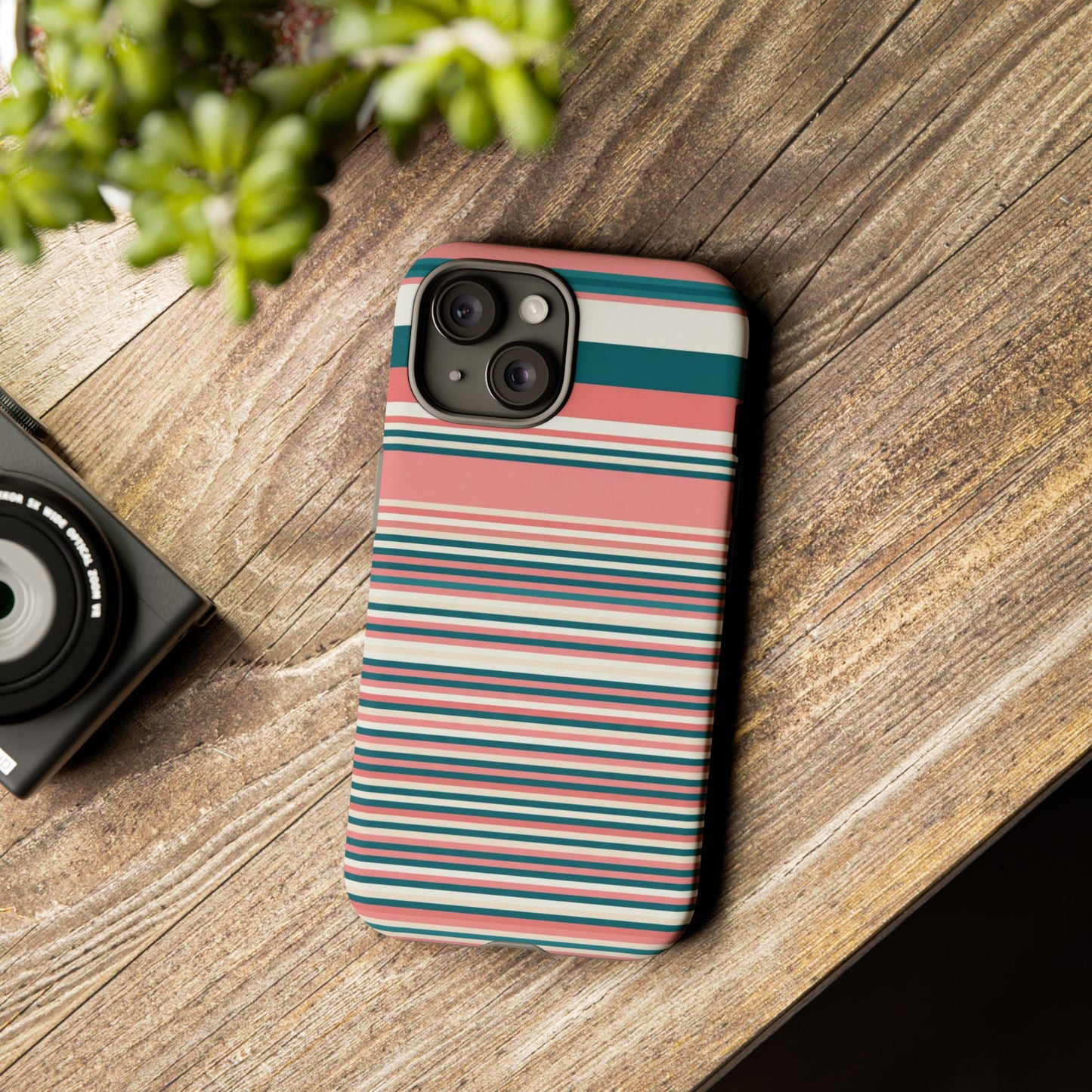 Striped Tough Phone Case — Coral, Teal & White Protective Cover