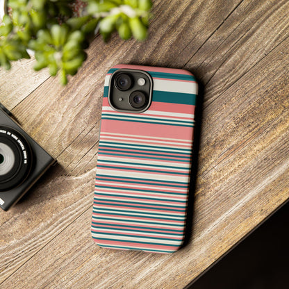 Striped Tough Phone Case — Coral, Teal & White Protective Cover