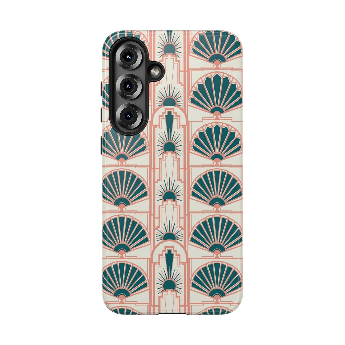 Art Deco Fan Pattern Tough Phone Case — Teal & Blush Retro Protection