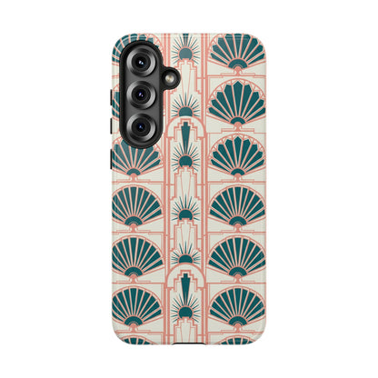 Art Deco Fan Pattern Tough Phone Case — Teal & Blush Retro Protection