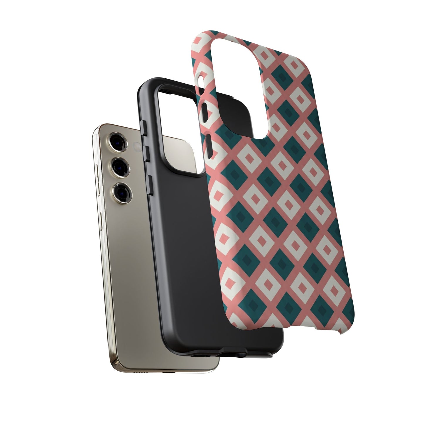 Geometric Diamond Pattern Tough Phone Case — Retro Pink & Teal Protective Cover