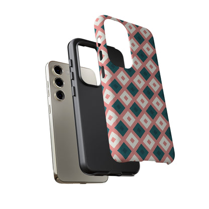Geometric Diamond Pattern Tough Phone Case — Retro Pink & Teal Protective Cover