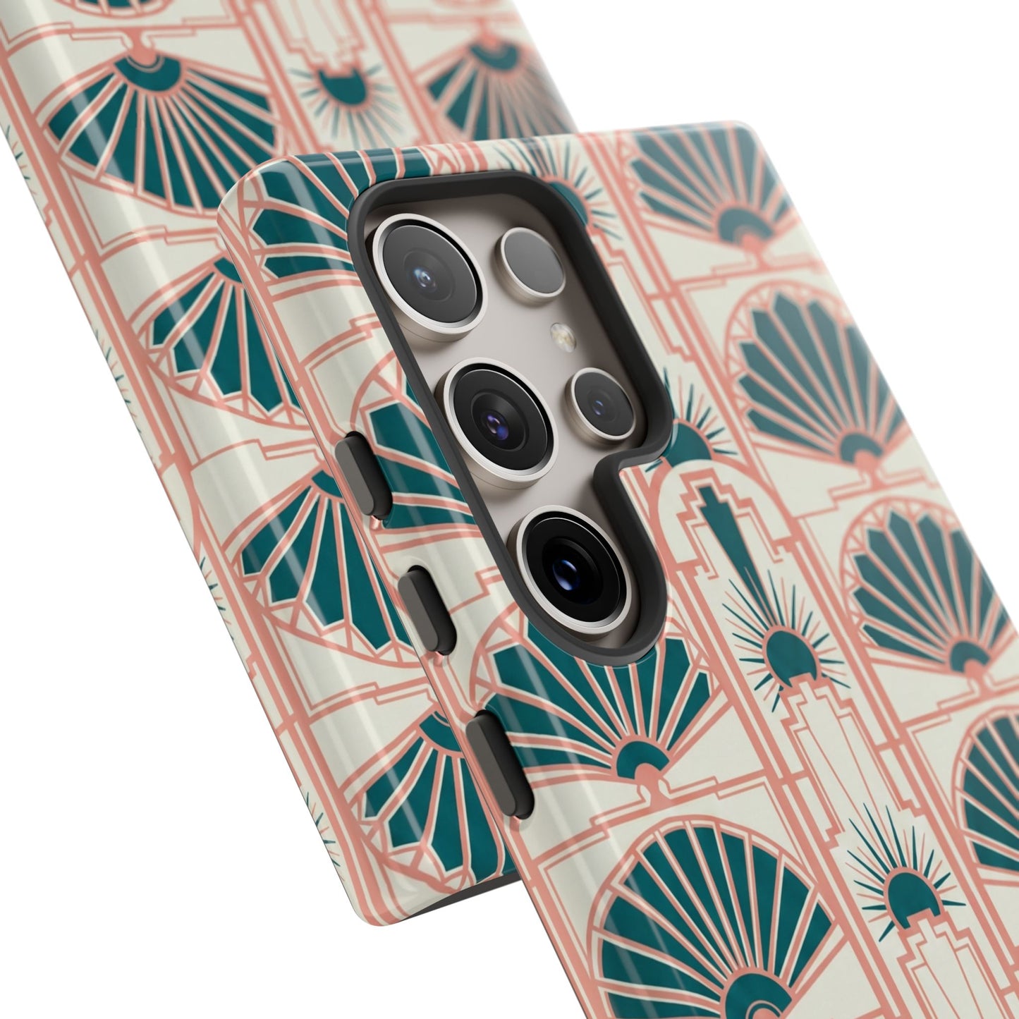 Art Deco Fan Pattern Tough Phone Case — Teal & Blush Retro Protection
