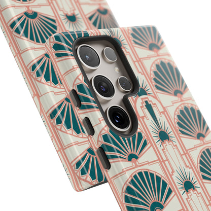 Art Deco Fan Pattern Tough Phone Case — Teal & Blush Retro Protection