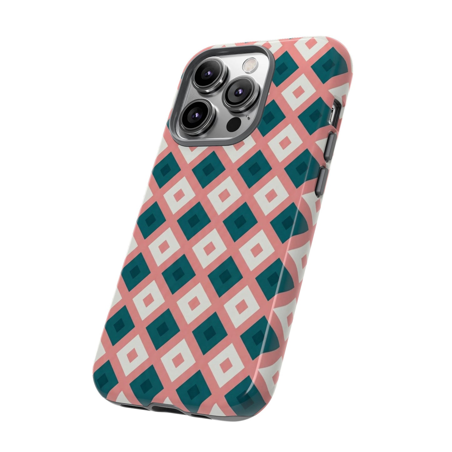 Geometric Diamond Pattern Tough Phone Case — Pink & Teal Protective Cover