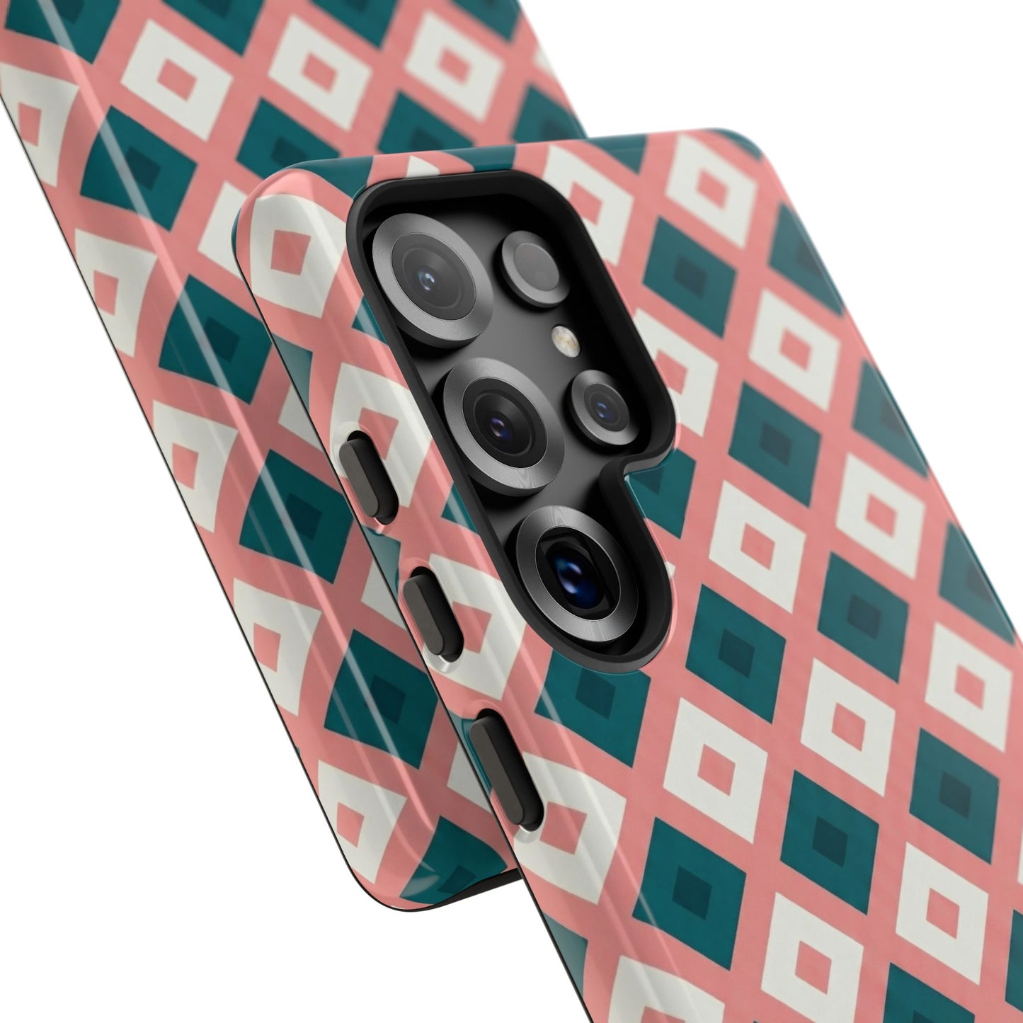 Geometric Diamond Pattern Tough Phone Case — Retro Pink & Teal Protective Cover
