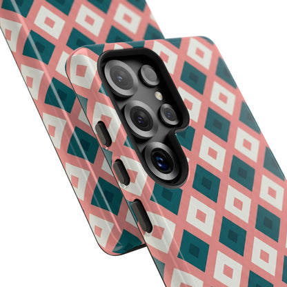 Geometric Diamond Pattern Tough Phone Case — Retro Pink & Teal Protective Cover