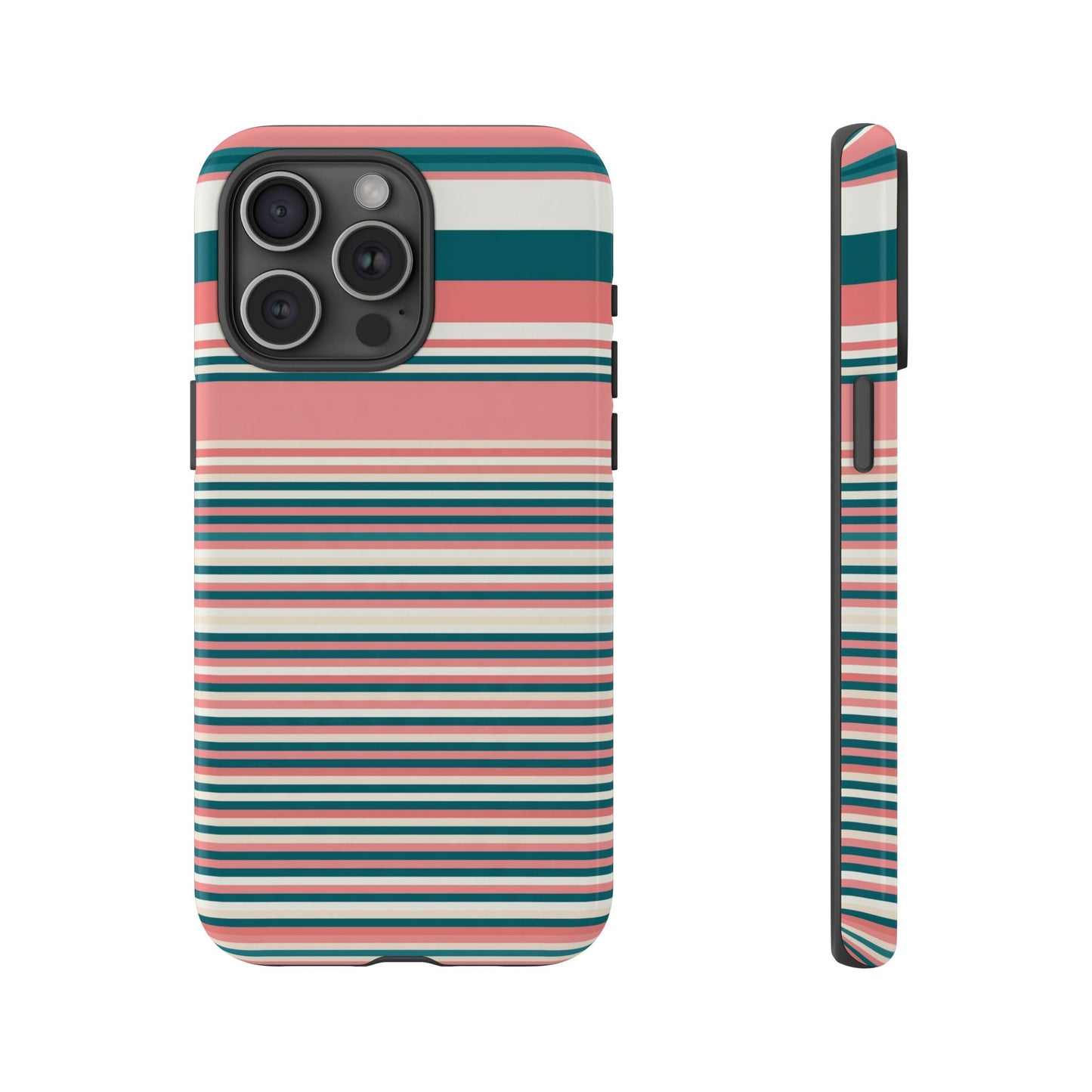 Striped Tough Phone Case — Coral, Teal & White Protective Cover