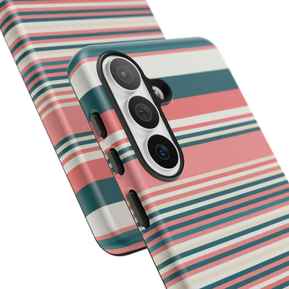 Striped Tough Phone Case — Coral, Teal & White Protective Cover