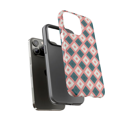 Geometric Diamond Pattern Tough Phone Case — Pink & Teal Protective Cover