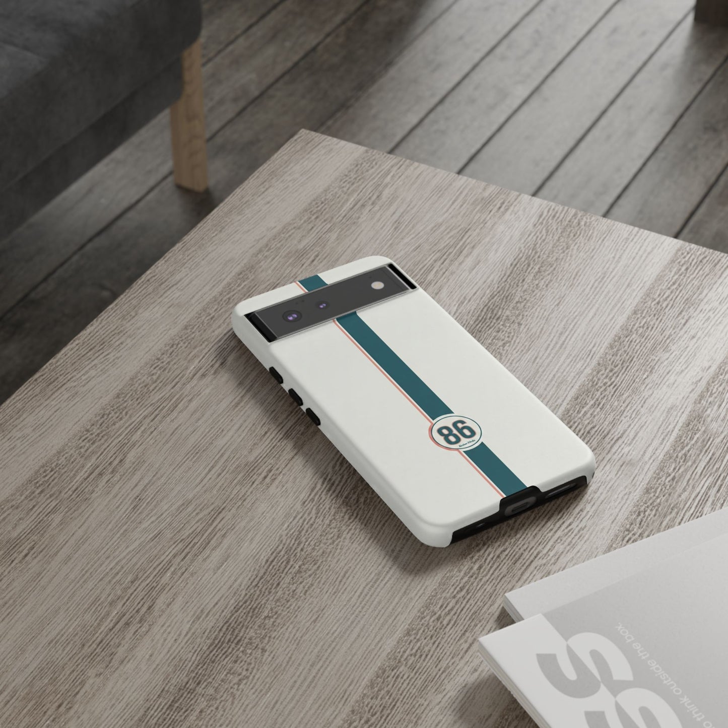 Racing Stripe Tough Phone Case — Retro White With '86 Circle Badge