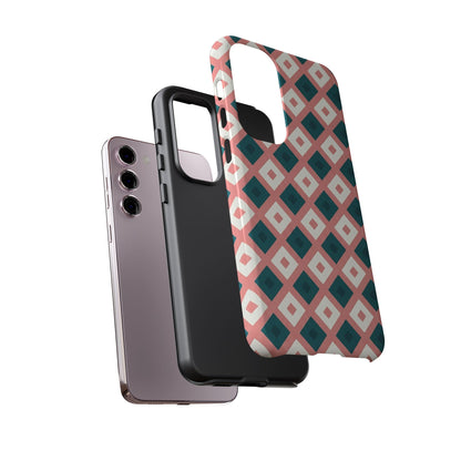 Geometric Diamond Pattern Tough Phone Case — Retro Pink & Teal Protective Cover