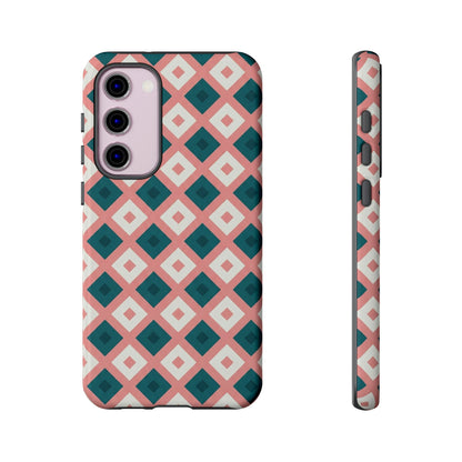 Geometric Diamond Pattern Tough Phone Case — Retro Pink & Teal Protective Cover
