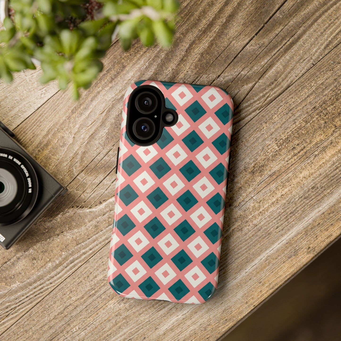 Geometric Diamond Pattern Tough Phone Case — Retro Pink & Teal Protective Cover