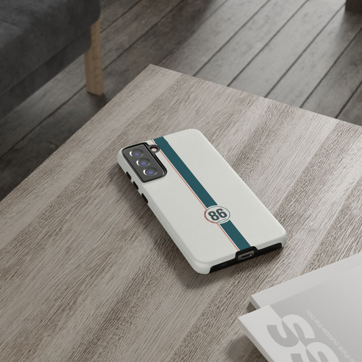 Racing Stripe Tough Phone Case — Retro White With '86 Circle Badge