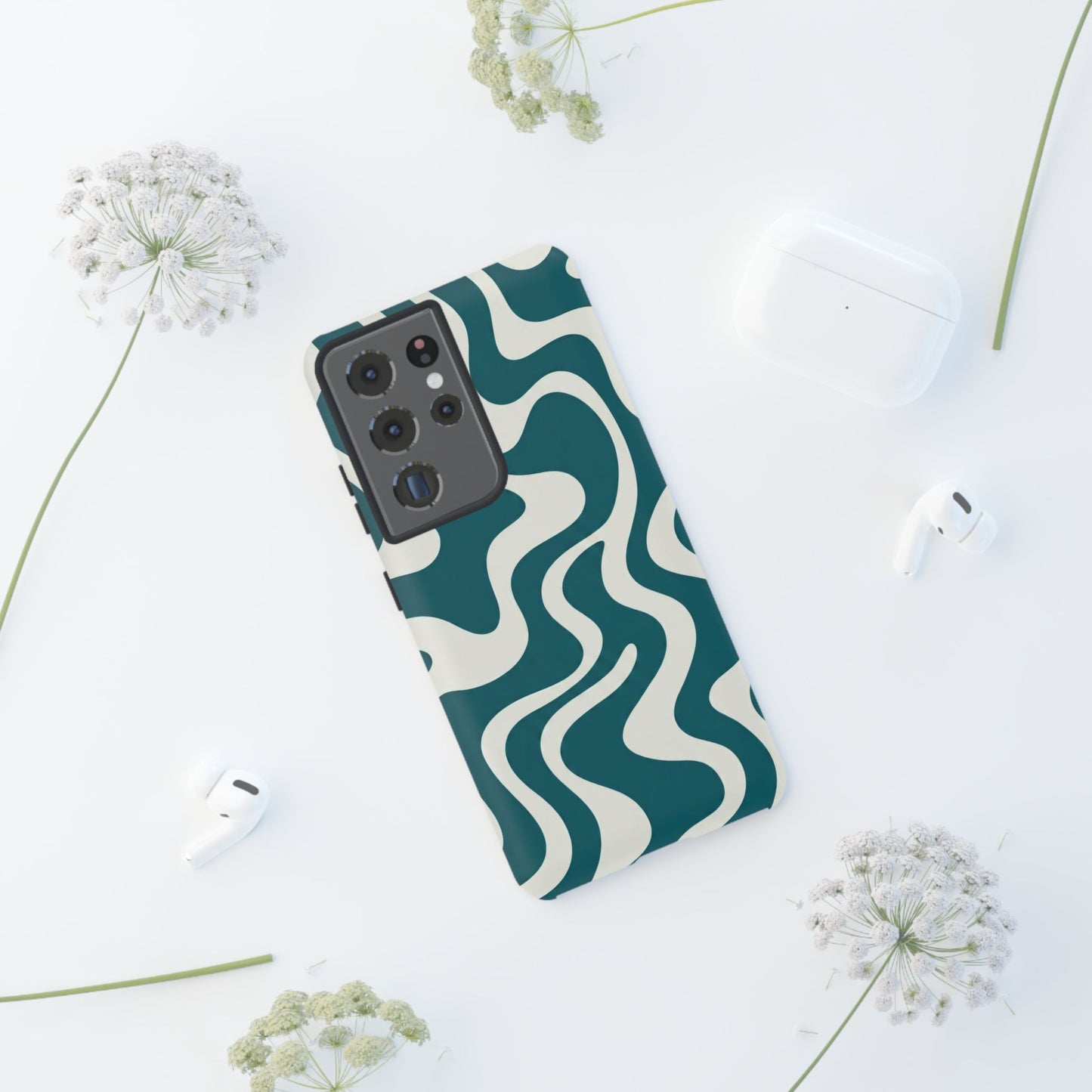 Abstract Teal Swirl Phone Case — Retro Wavy Tough Case