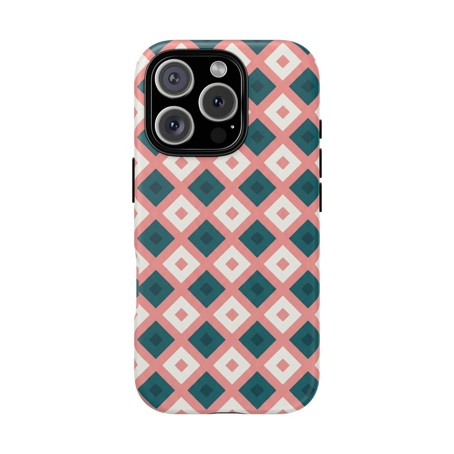 Geometric Diamond Pattern Tough Phone Case — Pink & Teal Protective Cover