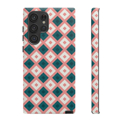 Geometric Diamond Pattern Tough Phone Case — Retro Pink & Teal Protective Cover