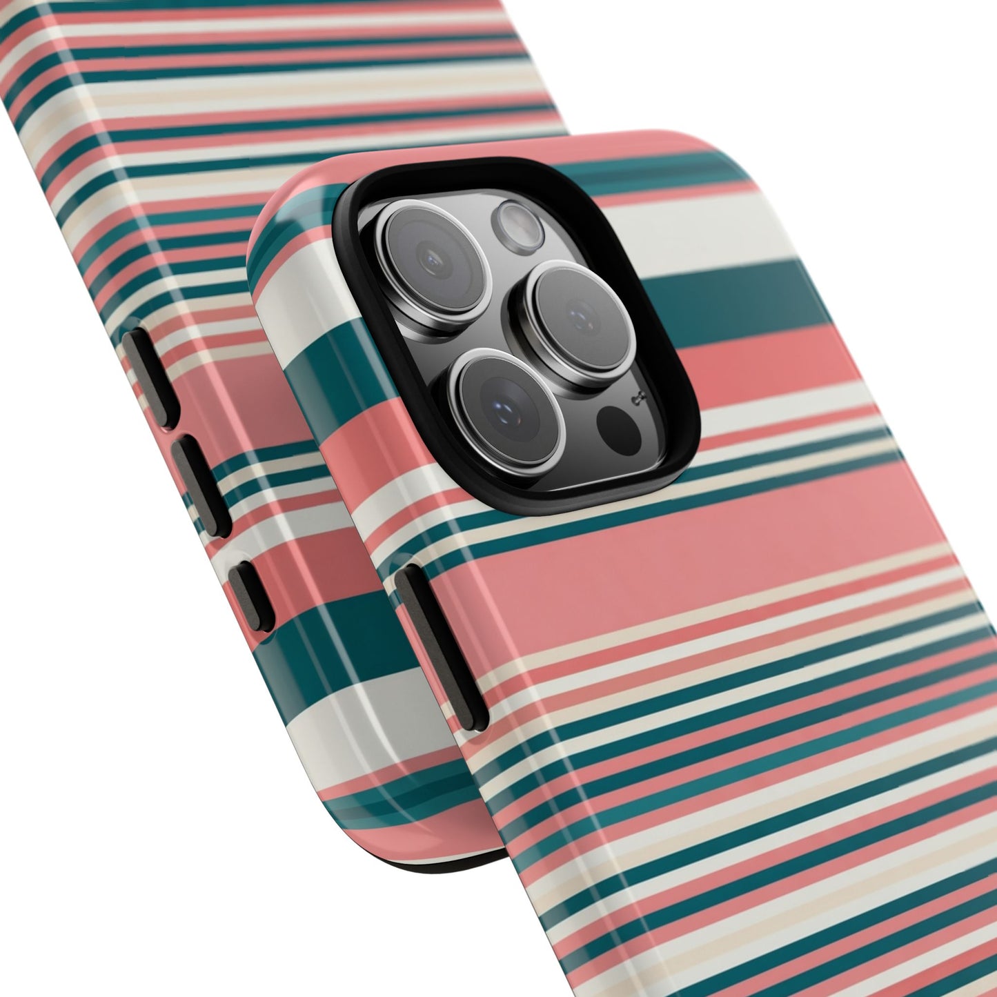 Striped Tough Phone Case — Coral, Teal & White Protective Cover