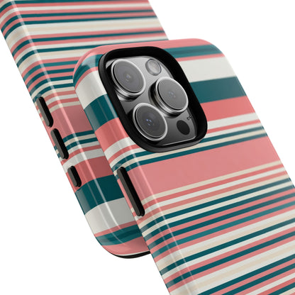 Striped Tough Phone Case — Coral, Teal & White Protective Cover